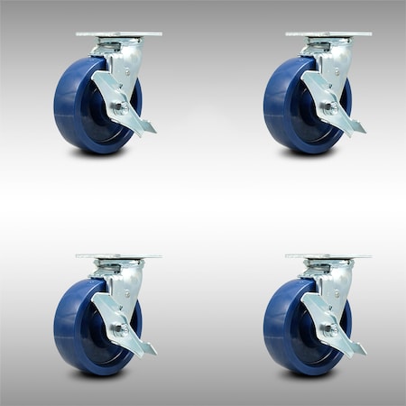 Service Caster 6 Inch SS Solid Poly Caster Set with Roller Bearings and Brake/Swivel Lock SCC SCC-SS30S620-SPUR-TLB-BSL-4